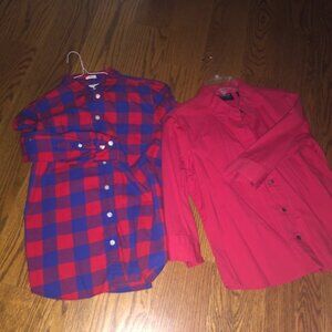 Two Petite Small red cotton blouses - JCrew flannel top +Liz Sport cotton woven
